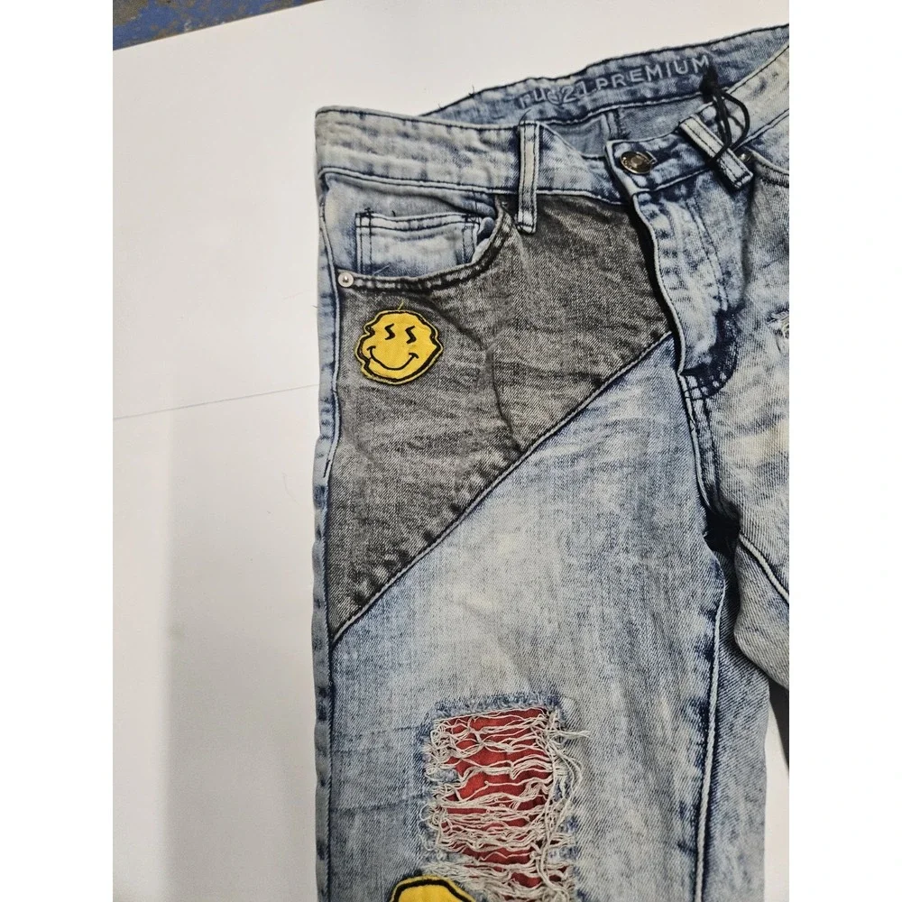 Rue 21 Prem Jeans Mens 26x30 Skinny Supreme Grunge Hippie Moto Acid Wash Patches